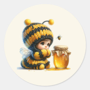Cute Girl in Bee Costume with Honey Classic Round Sticker