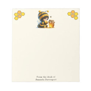 Cute Girl in Bee Costume with Honey Notepad