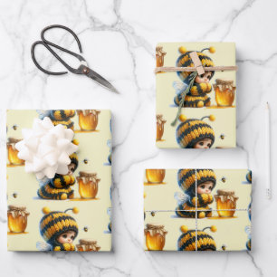 Cute Girl in Bee Costume with Honey Pattern Wrapping Paper Sheet