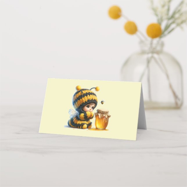 Cute Girl in Bee Costume with Honey Place Card (Front)