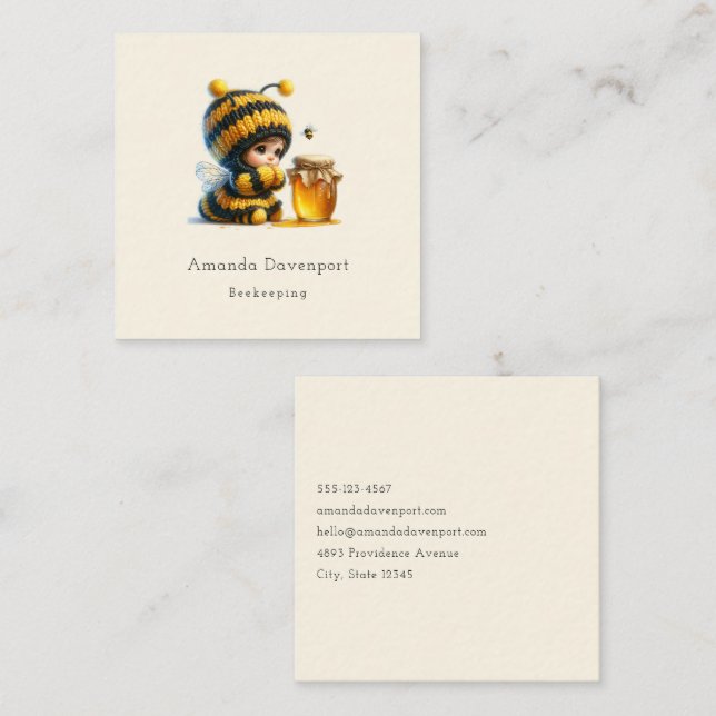 Cute Girl in Bee Costume with Honey Square Business Card (Front/Back)