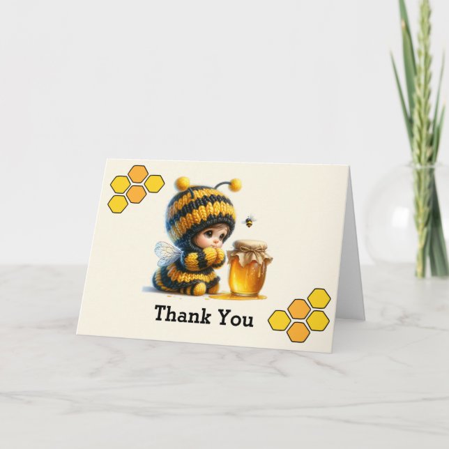 Cute Girl in Bee Costume with Honey Thank You Card (Front)