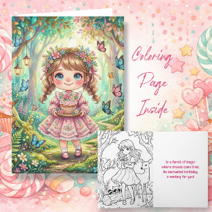 Cute Girl in Enchanted Forest Birthday Colour Me Card