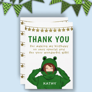 Cute Girl in Green Frog Hoody Stars Birthday Thank You Card