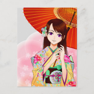 Cute Girl In Pink Floral Kimono With Red Umbrella Postcard