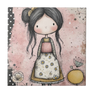Cute Girl in Pink with Daisy Print Dress Tile