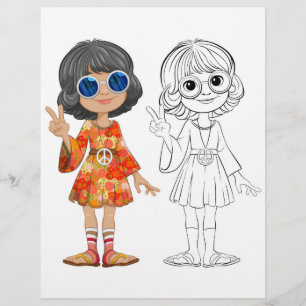 Cute girl in vibrant hippie dress colouring page