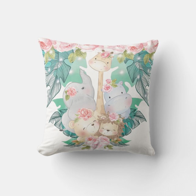 Cute Girl Jungle Animals Cushion (Front)