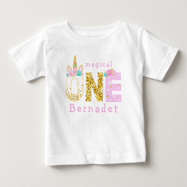 Cute Girl Magical Unicorn 1st Birthday Baby T-Shirt (Front)