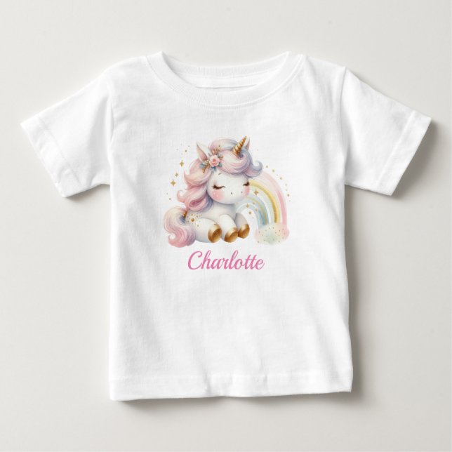 Cute Girl Magical Unicorn 1st Birthday Baby T-Shirt (Front)
