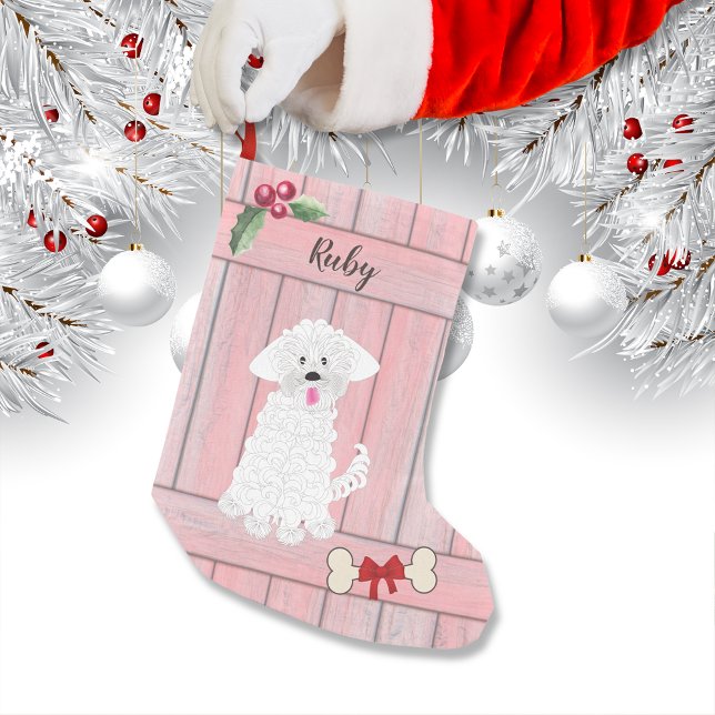 Cute Girl Maltese Pink Wooden Fence Monogram Small Christmas Stocking (Creator Uploaded)
