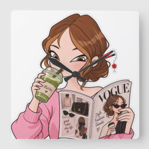 Cute Girl Matcha Fashion Aesthetic Square Wall Clo Clock