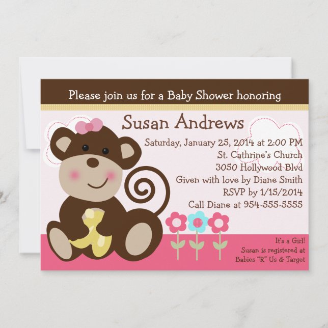 Cute Girl Monkey Baby Shower Invitation (Front)