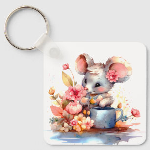 CUTE GIRL MOUSE WITH COLORFUL FLOWERS MOTIVATIONAL KEY RING
