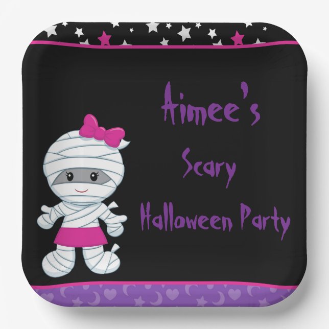 Cute Girl Mummy Halloween Party Paper Plate (Front)