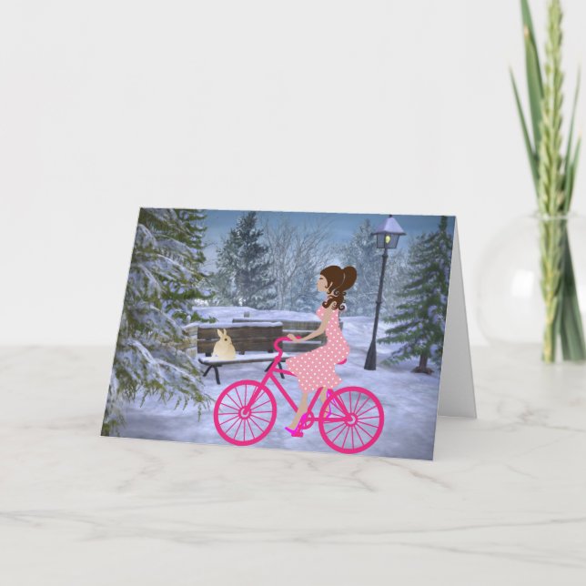Cute Girl On A Pink Bicycle Winter Card (Front)