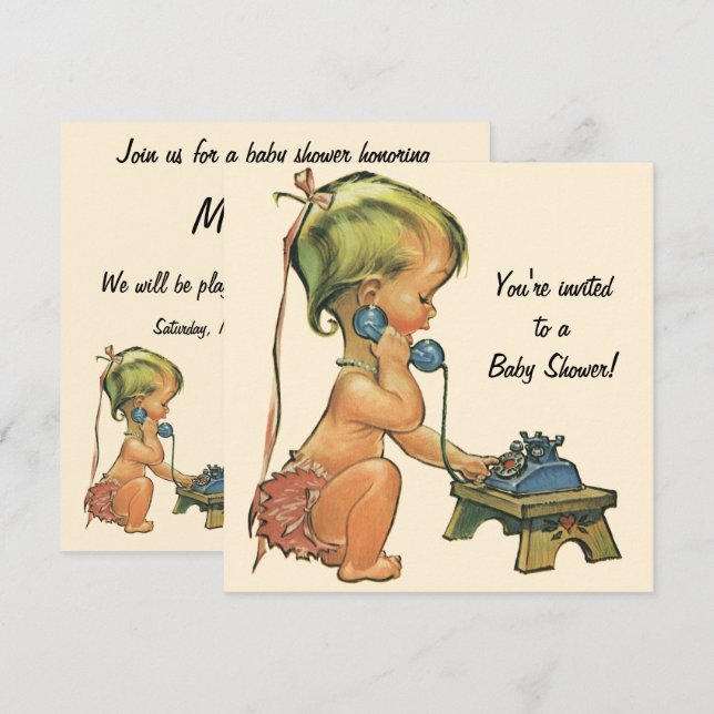 Cute Girl on Phone, Vintage Baby Shower Invitation (Front/Back)
