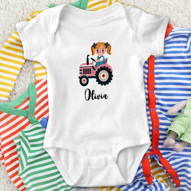 Cute Girl on Pink Tractor Personalised Baby Bodysuit (Creator Uploaded)