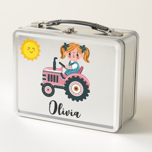 Cute Girl on Pink Tractor Personalised Metal Lunch Box (Front)