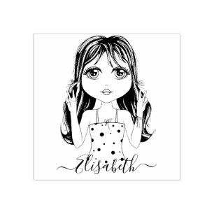 Cute Girl Peace Graphic Illustration Personalized Rubber Stamp