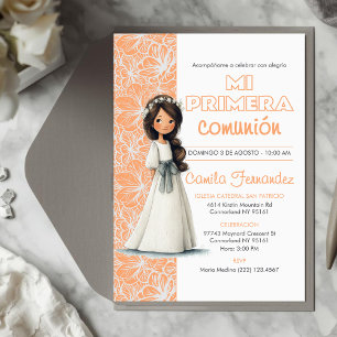 Cute Girl Peach Background Spanish First Communion Invitation