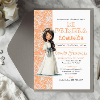 Cute Girl Peach Background Spanish First Communion Invitation