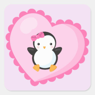 Cute Girl Penguin in Big Light Pink Heart Square Sticker