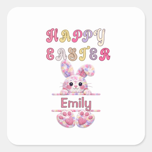 Cute Girl Personalize Happy Easter Bunny Square Sticker (Front)
