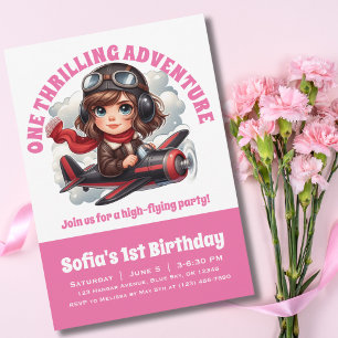 Cute Girl Pilot Flies Aeroplane,Girly Pink Birthda Invitation