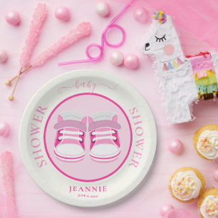 CUTE GIRL PINK BOOTIES BABY SHOWER PAPER PLATE