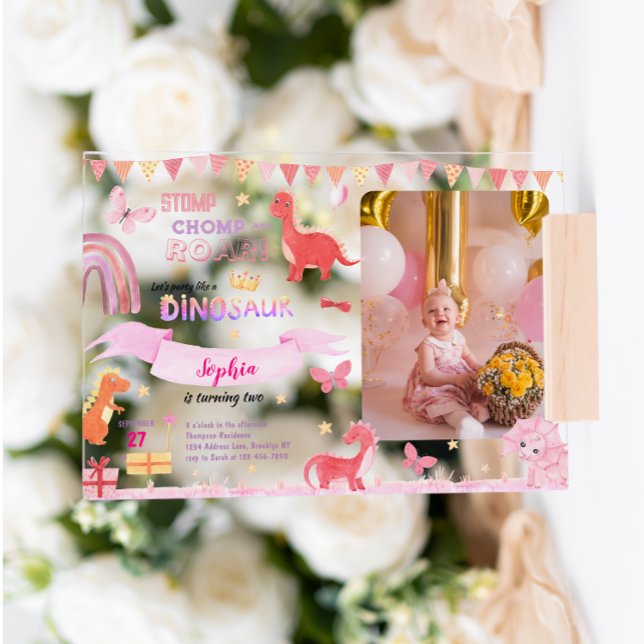 Cute Girl Pink Dino Dinosaur Photo Kids Birthday Acrylic Invitations (Creator Uploaded)