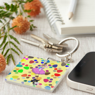 Cute Girl Pink Dress Black poodle original cartoon Key Ring