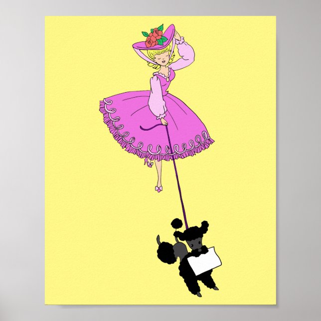 Cute Girl Pink Dress Black poodle original cartoon Poster (Front)