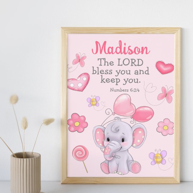 Cute Girl Pink Elephant Christian Blessing Name Poster (Creator Uploaded)