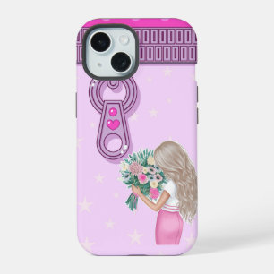 Cute girl & pink Flowers elegant floral design iPhone 15 Case