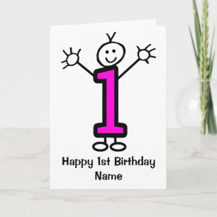 Cute Girl Pink Funny Cartoon 1st Age Birthday Card