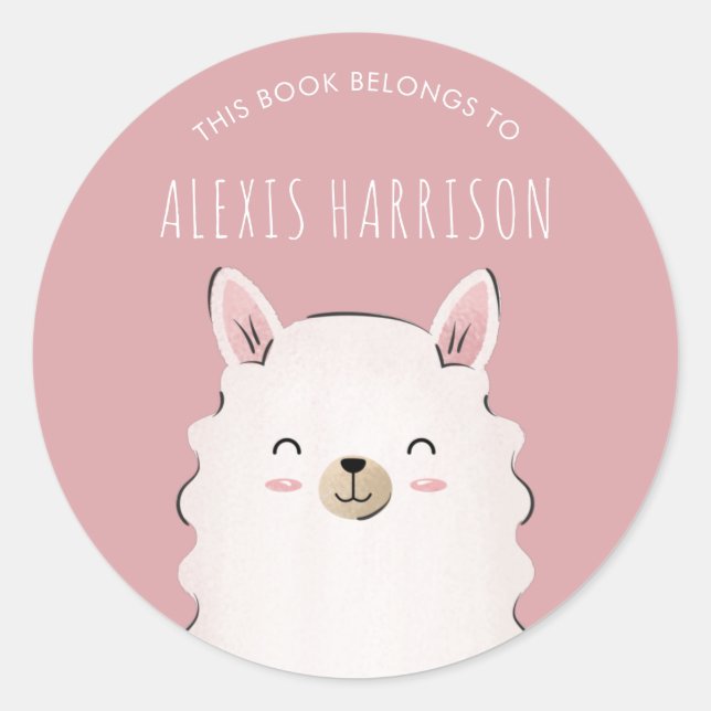 Cute Girl Pink Happy Llama Kid's Name Funny Animal Classic Round Sticker (Front)