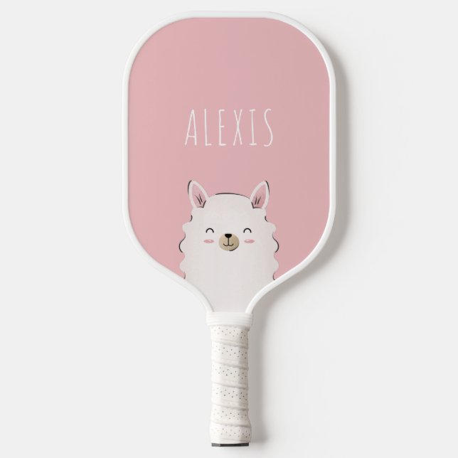 Cute Girl Pink Happy Llama Kid's Name Funny Animal Pickleball Paddle (Front)