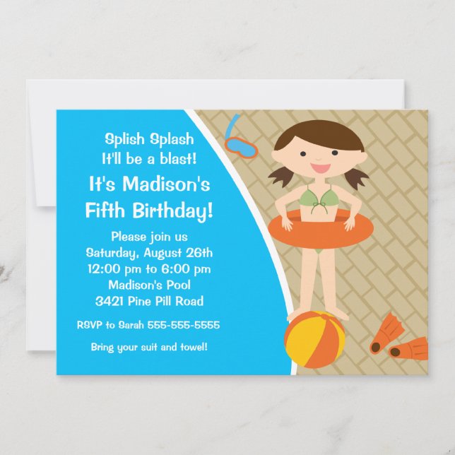 CUTE Girl Pool Party Birthday Invitation (Front)