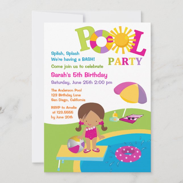 Cute Girl Pool Party Birthday Invitation (Front)