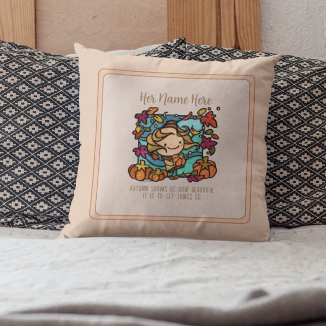 Cute Girl Pumpkins Fall Decorating Windy Leaves Cushion (One of a kind and lovely autumn decor that you create)