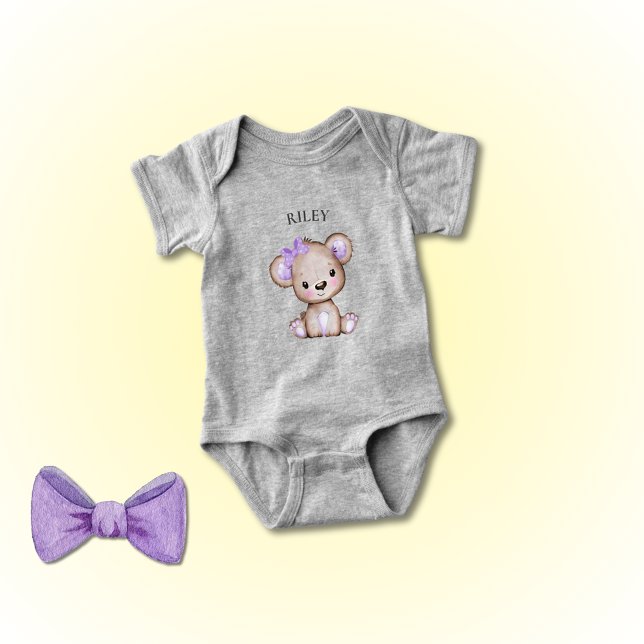 Cute Girl Purple Bear Monogrammed Baby Bodysuit (Creator Uploaded)