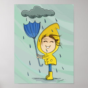 Cute Girl Rainy Windy Day Graphic Poster