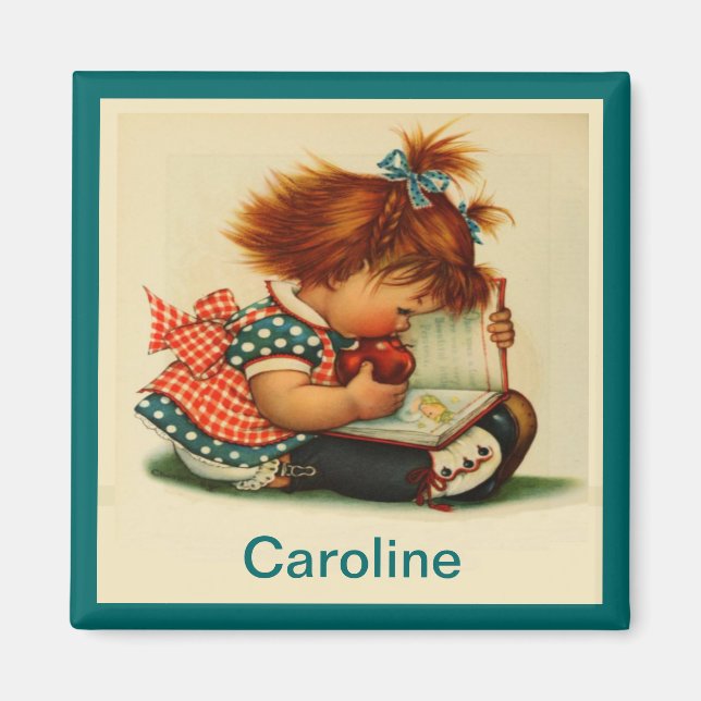 Cute Girl Reading a Book with Name - Square Magnet (Front)