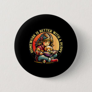 Cute Girl Reading, Golden Retriever Puppy, Back To 6 Cm Round Badge