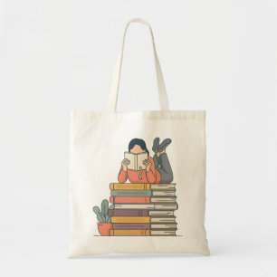Cute Girl Reading on a Stack of Books Tote Bag
