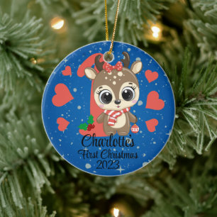Cute Girl Reindeer Baby’s First Christmas Ceramic Tree Decoration