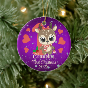 Cute Girl Reindeer Baby’s First Christmas Purple Ceramic Tree Decoration