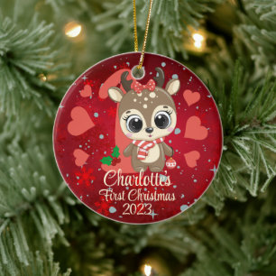 Cute Girl Reindeer Baby’s First Christmas Red Ceramic Tree Decoration