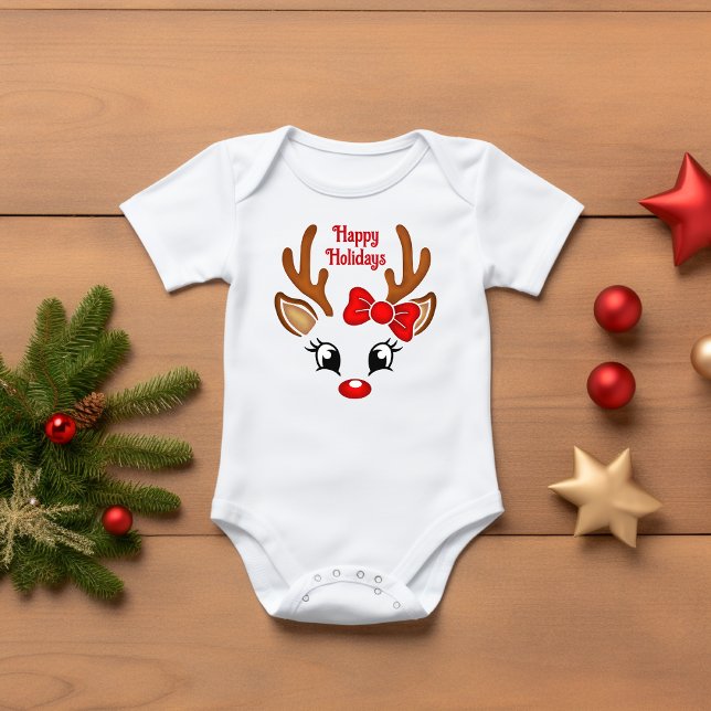 Cute Girl Reindeer Face Happy Holidays Baby Bodysuit (Creator Uploaded)